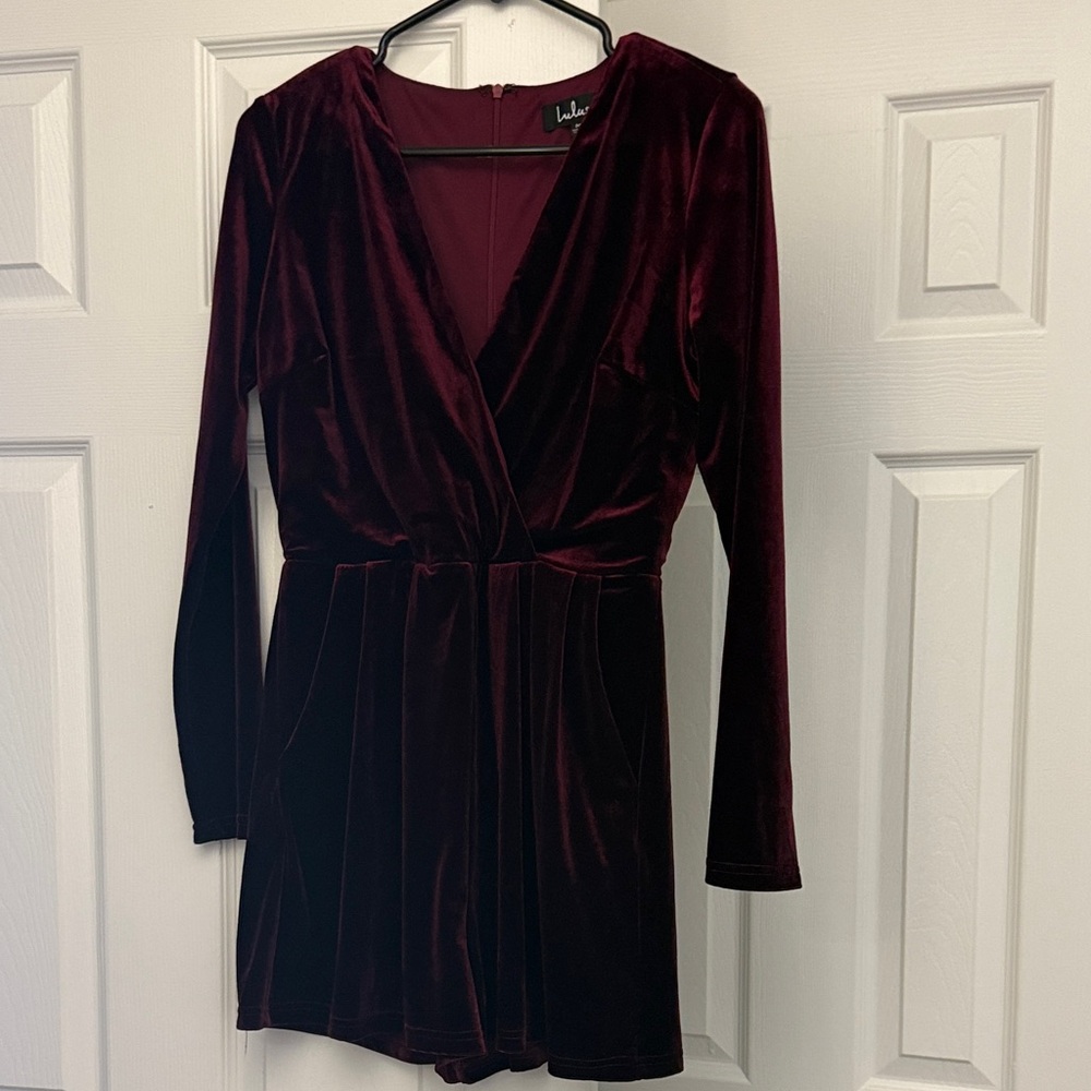 Lulu's Deep Red Velvet Long Sleeve Romper